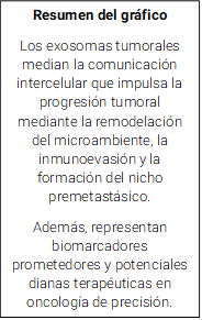 Resumen del gráfico
Los exosomas tumorales median la comunicación intercelular que impulsa la progresión tumoral mediante la remodelación del microambiente, la inmunoevasión y la formación del nicho premetastásico.
Además, representan biomarcadores prometedores y potenciales dianas terapéuticas en oncología de precisión.
